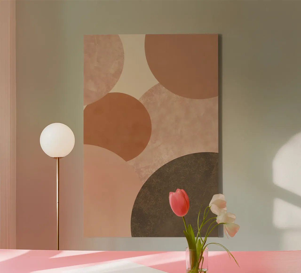 Abstracte beige en bruine cirkels compositie canvas met Baklijst van DesignDoodle