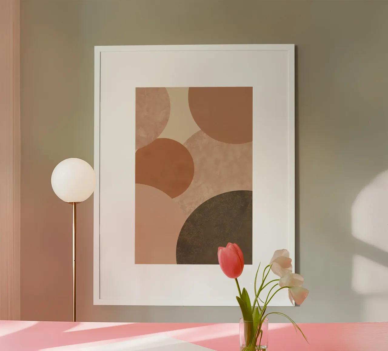 Abstracte beige en bruine cirkels compositie poster met aluminium frame van DesignDoodle