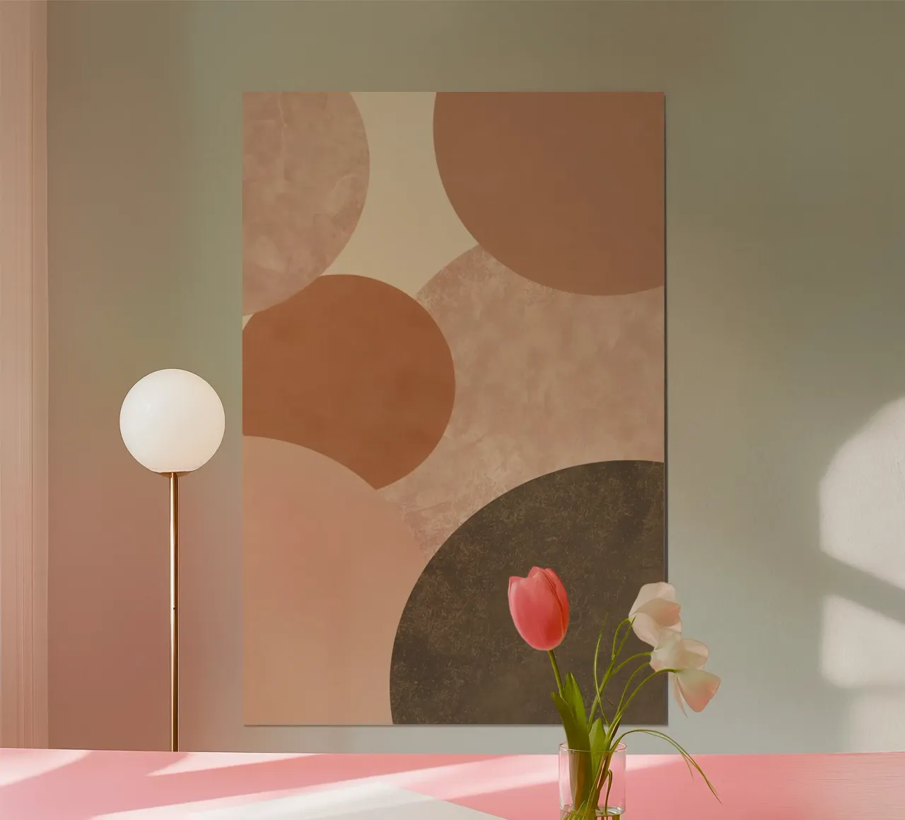 Abstracte beige en bruine cirkels compositie poster met aluminium frame van DesignDoodle