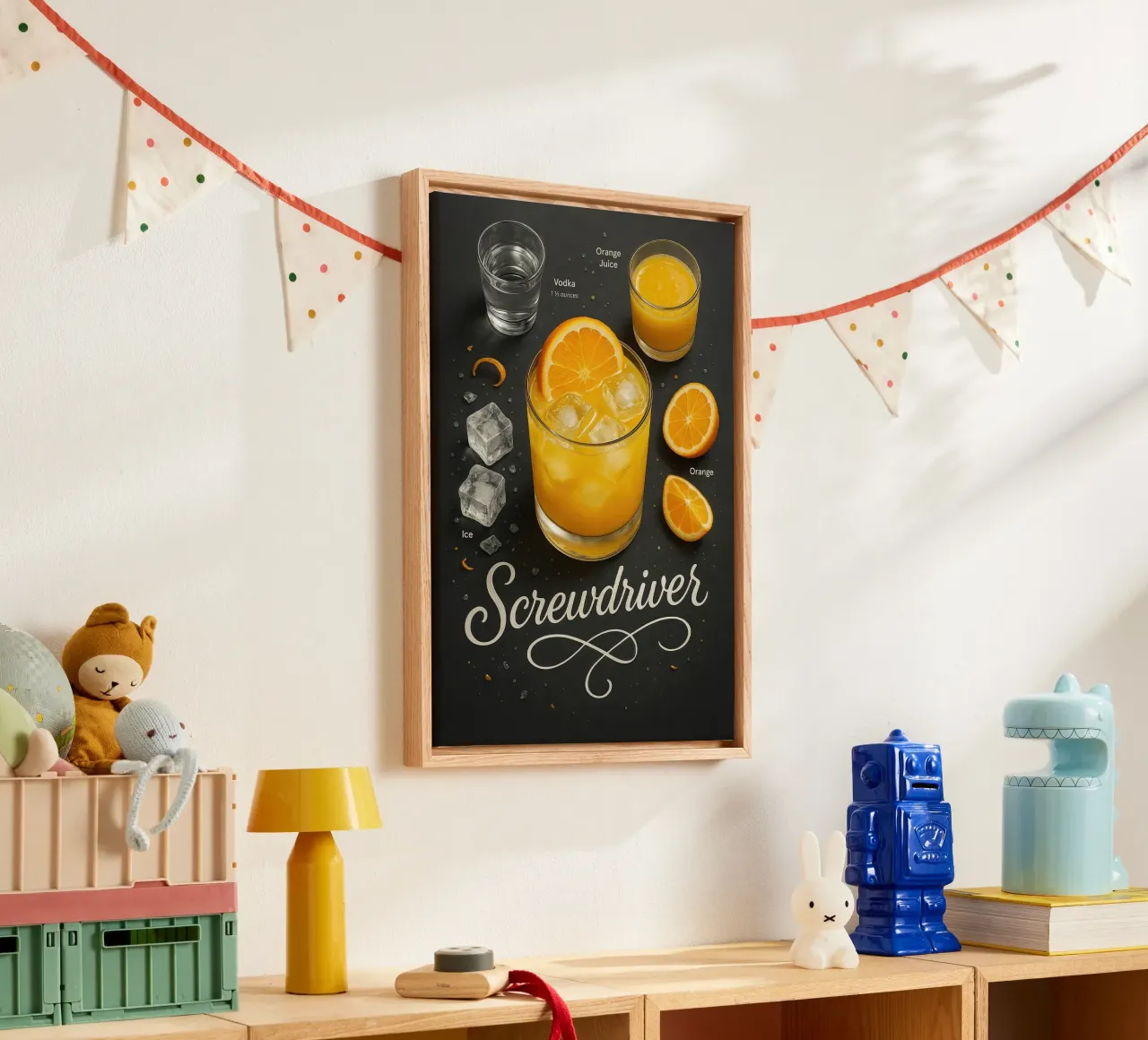 Poster con la ricetta del cocktail Screwdriver - Vodka e succo d'arancia tela con Cornice a cassetta da mesa