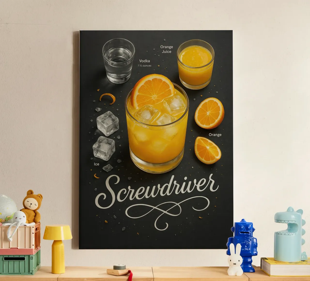 Poster con la ricetta del cocktail Screwdriver - Vodka e succo d'arancia tela con Cornice a cassetta da mesa