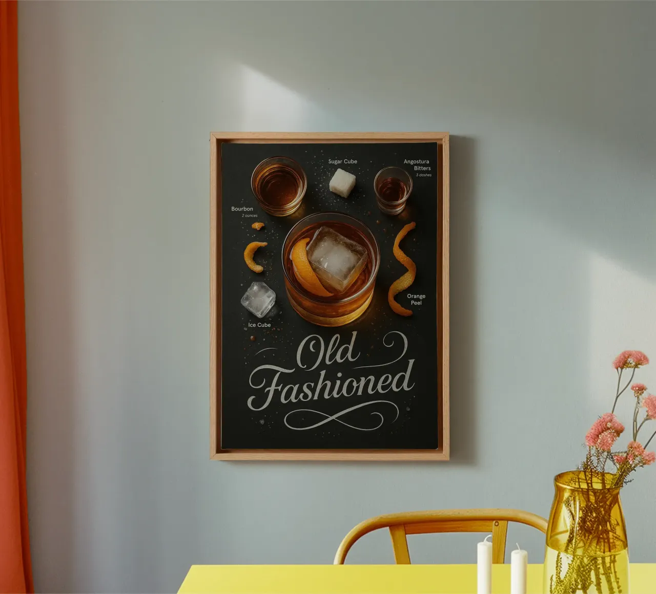 Old Fashioned Cocktail Poster - Whiskey, Sinaasappel, IJs canvas met Baklijst van mesa