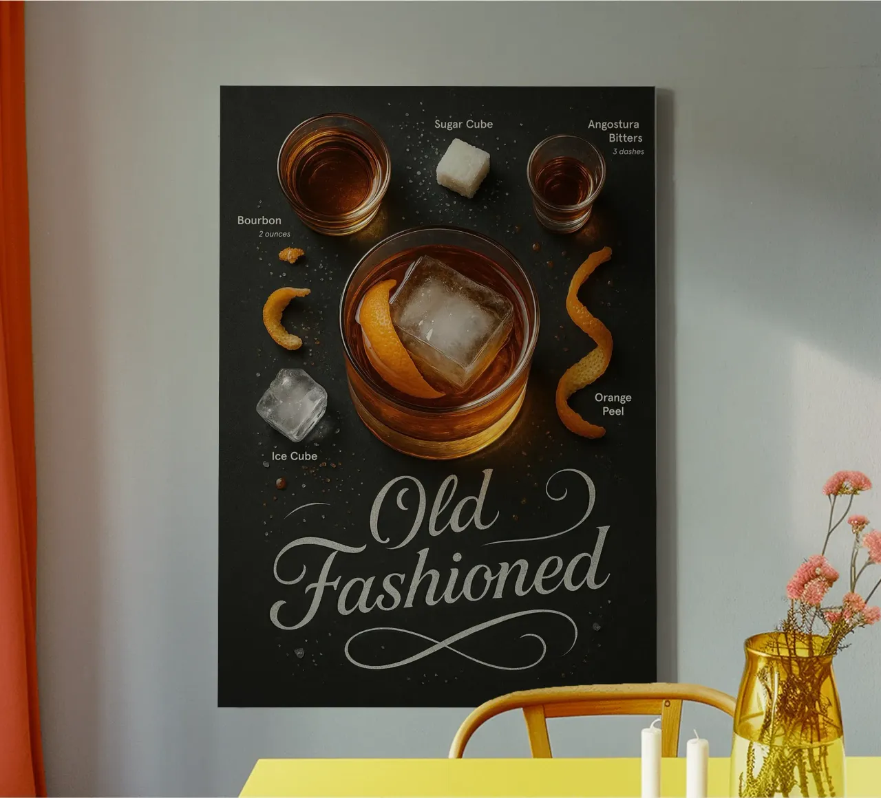 Old Fashioned Cocktail Poster - Whiskey, Sinaasappel, IJs canvas met Baklijst van mesa