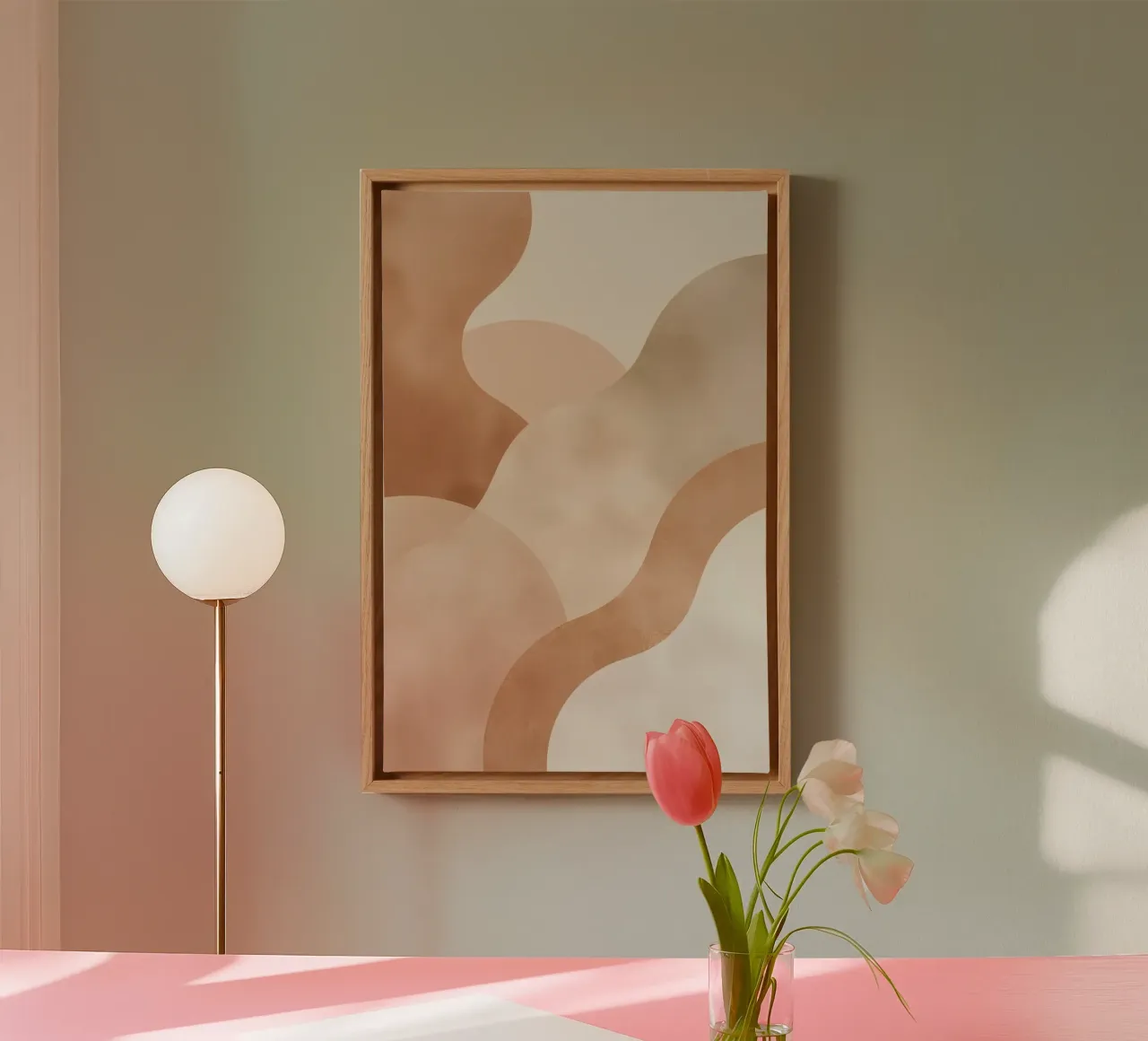 Abstracte beige en bruine gebogen vormen canvas met Baklijst van DesignDoodle