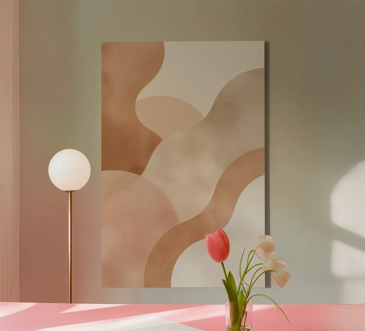 Abstracte beige en bruine gebogen vormen canvas met Baklijst van DesignDoodle