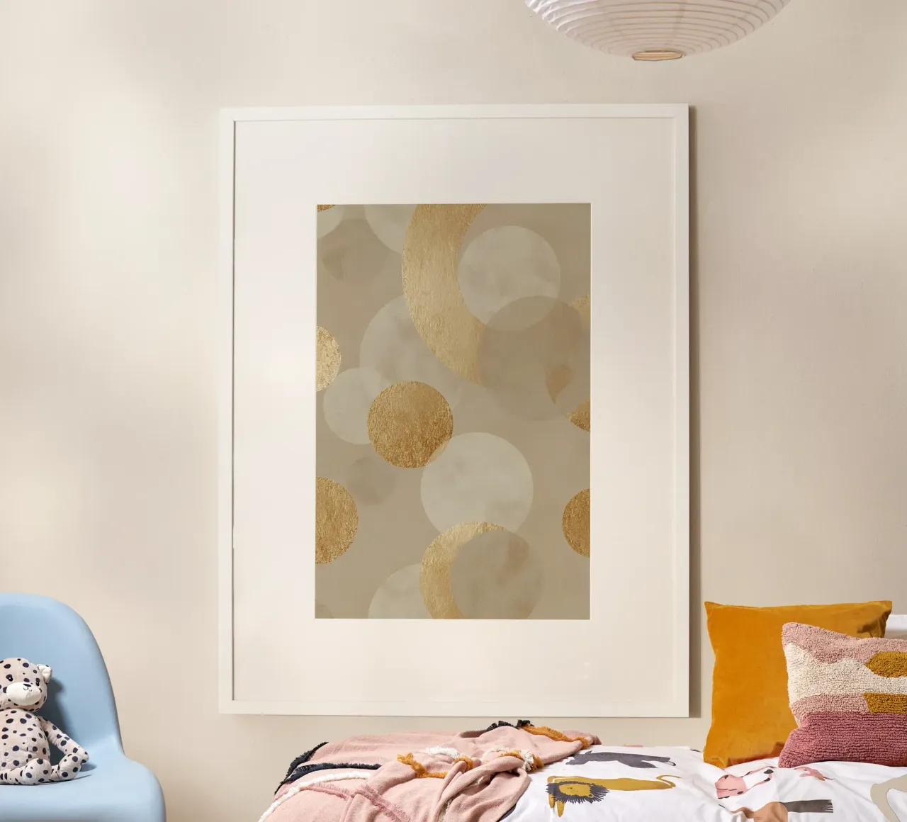 Abstract Beige and Gold Geometric Circle Pattern poster with aluminum frame by DesignDoodle