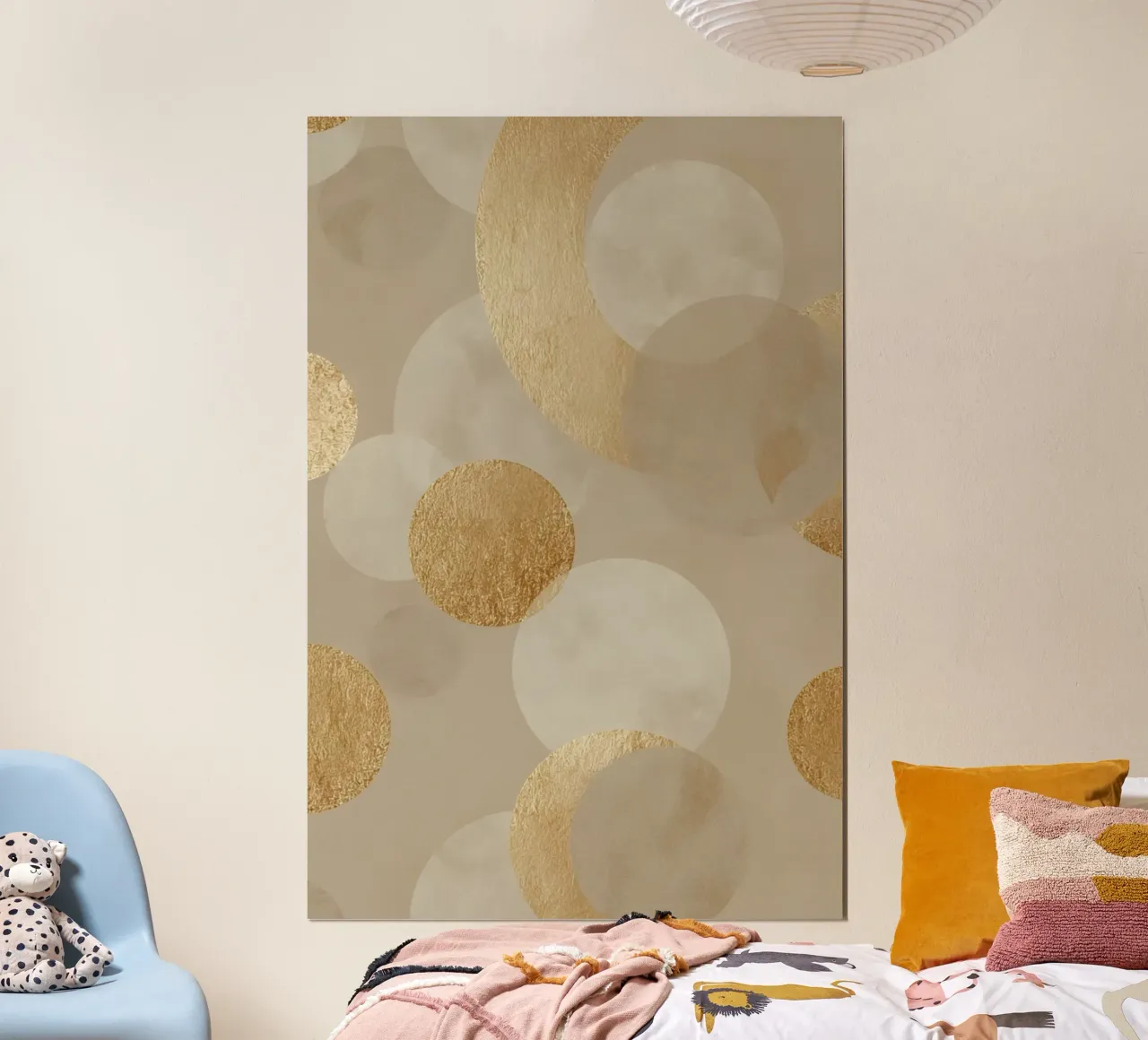 Abstract Beige and Gold Geometric Circle Pattern poster with aluminum frame by DesignDoodle
