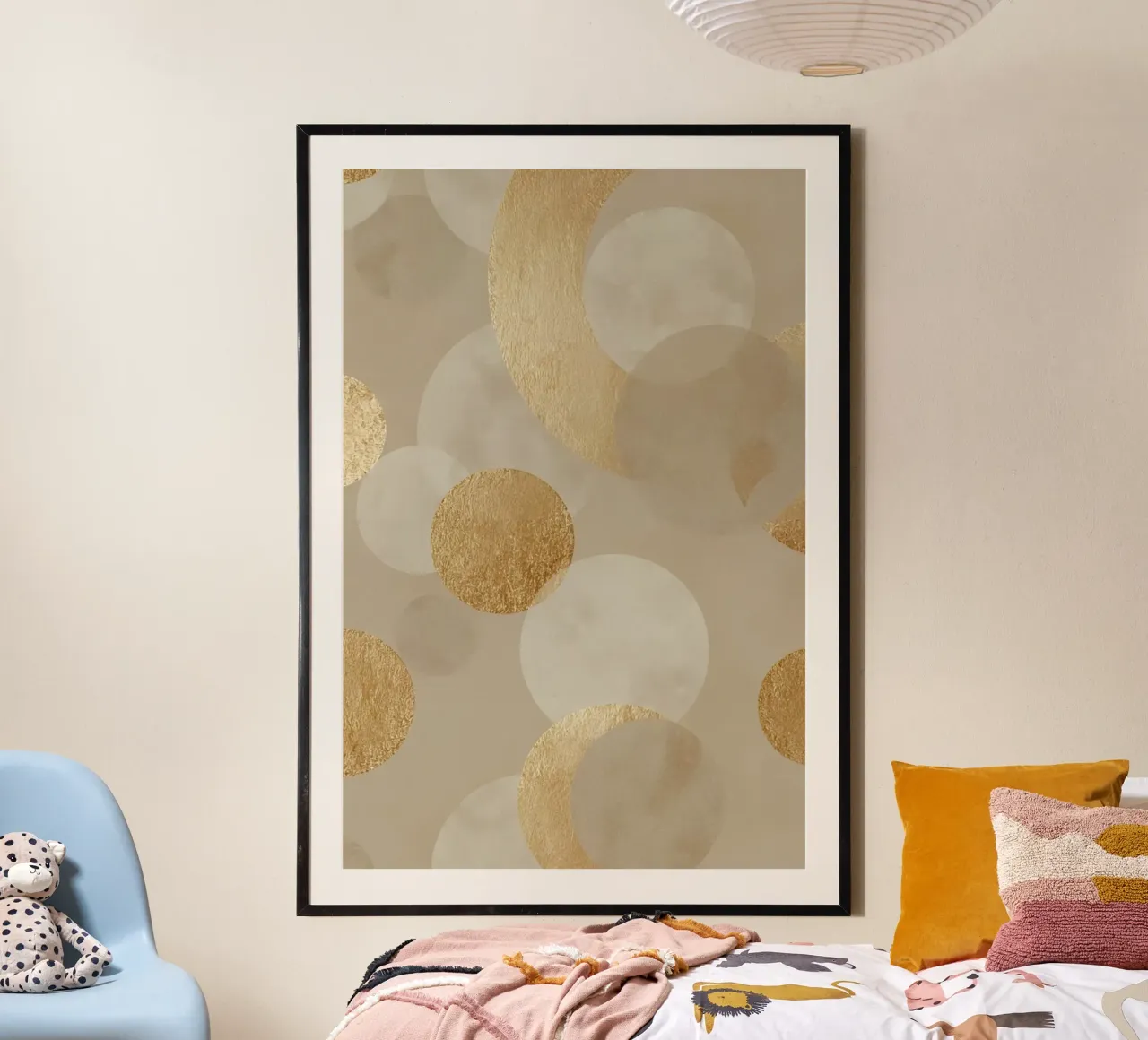 Abstract Beige and Gold Geometric Circle Pattern poster with aluminum frame by DesignDoodle
