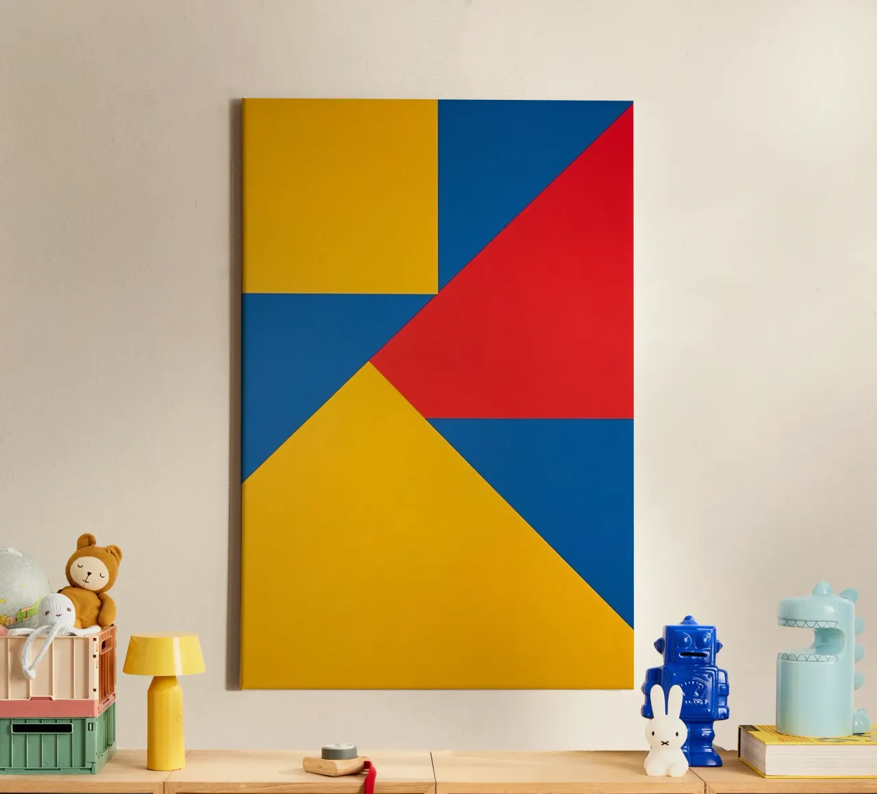 Composizione astratta di forme geometriche rosse, gialle e blu tela con Cornice a cassetta da DesignDoodle