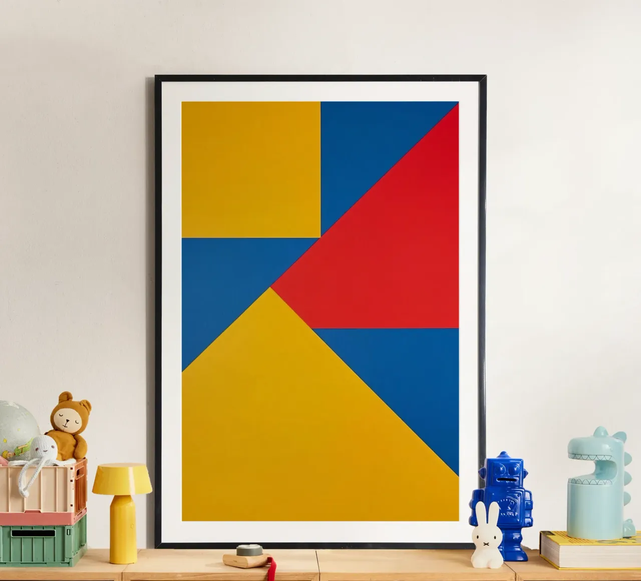 Composizione astratta di forme geometriche rosse, gialle e blu poster con telaio in alluminio da DesignDoodle