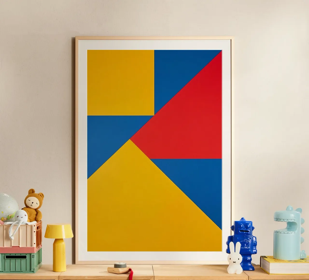 Composizione astratta di forme geometriche rosse, gialle e blu poster con telaio in alluminio da DesignDoodle