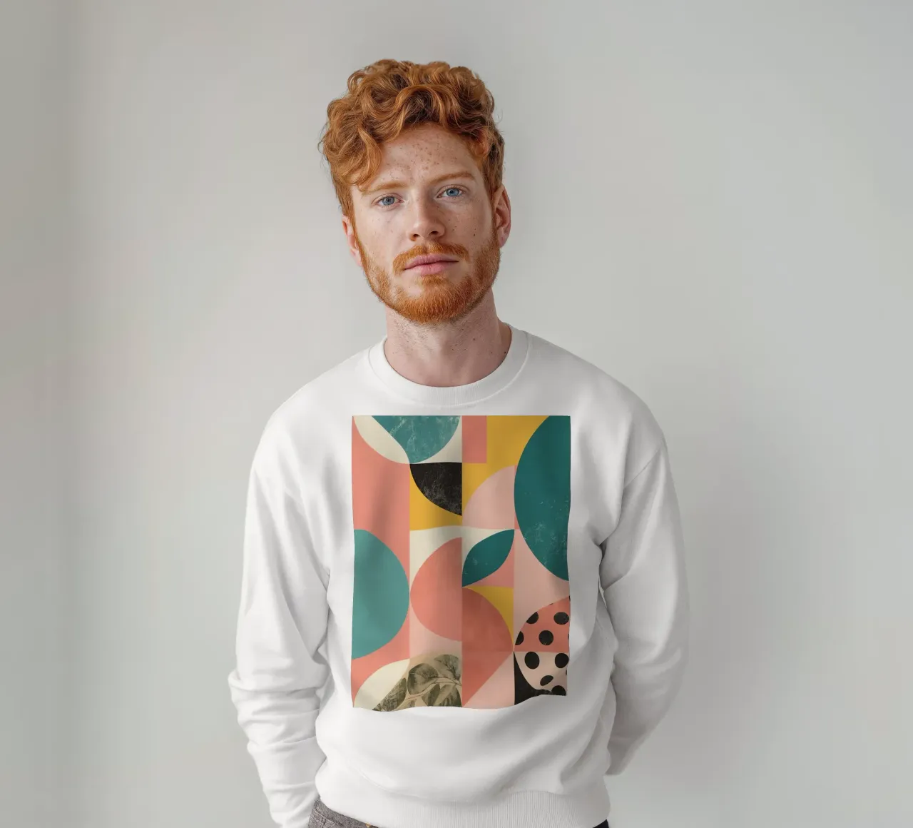 Abstract Geometric Pattern with Circles Squares and Leaf sweatshirt by DesignDoodle