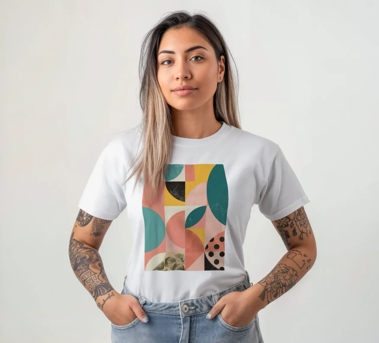 Abstract Geometric Pattern with Circles Squares and Leaf t-shirt by DesignDoodle