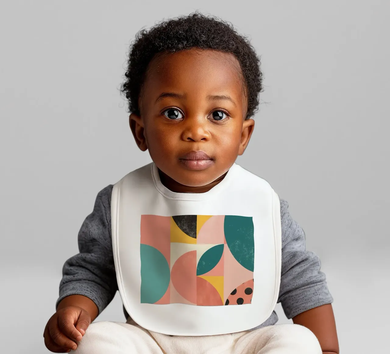 Abstract Geometric Pattern with Circles Squares and Leaf baby bib by DesignDoodle