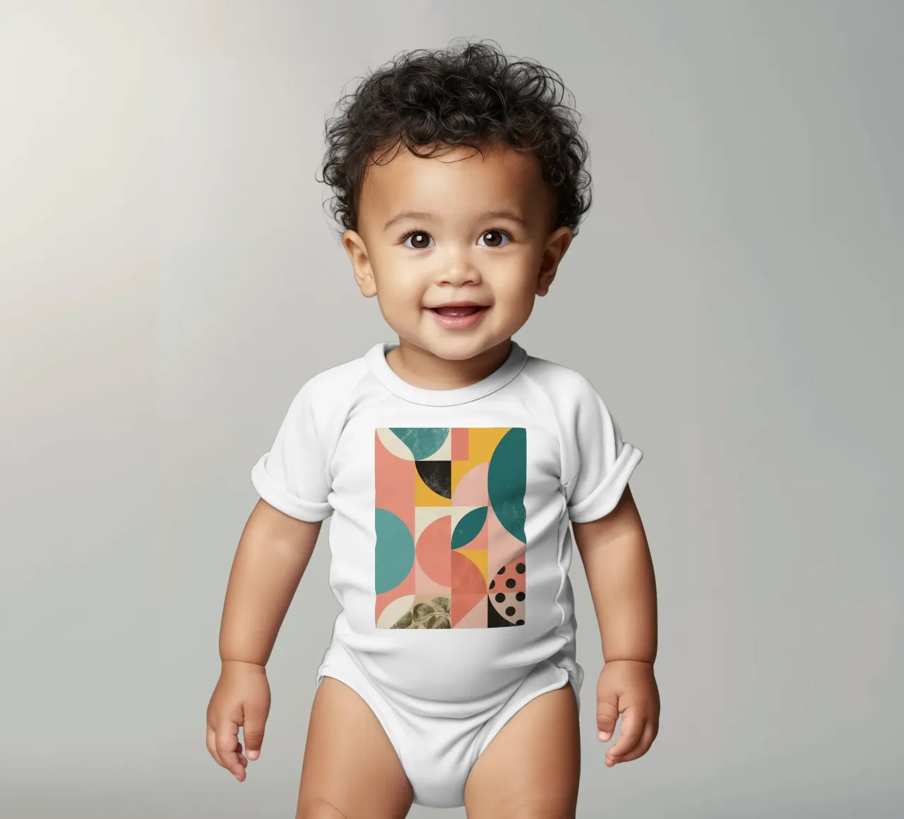Abstract Geometric Pattern with Circles Squares and Leaf short-sleeve baby romper by DesignDoodle