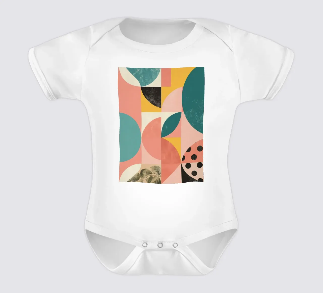 Abstract Geometric Pattern with Circles Squares and Leaf short-sleeve baby romper by DesignDoodle