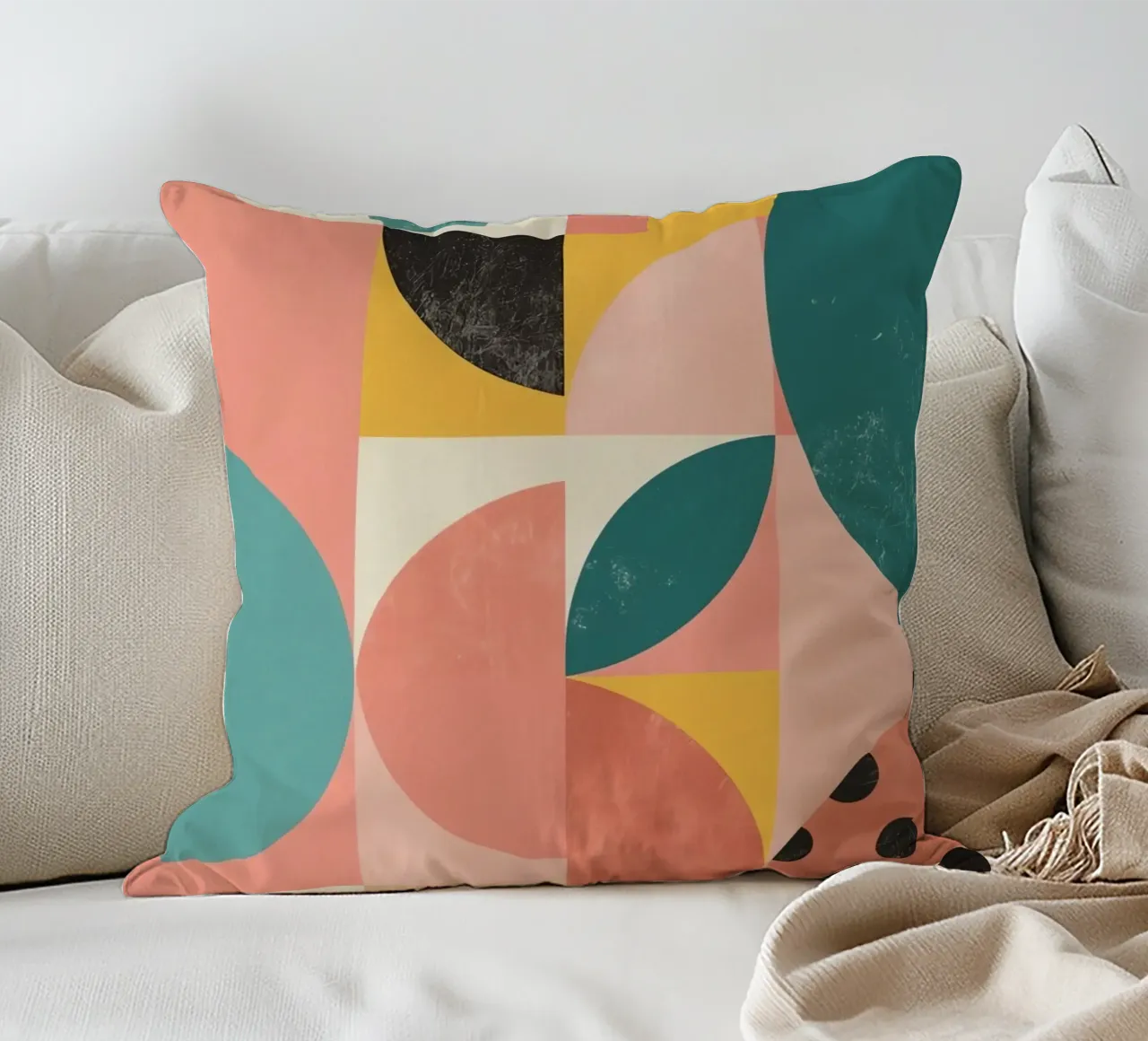 Abstract Geometric Pattern with Circles Squares and Leaf decorative cushion by DesignDoodle
