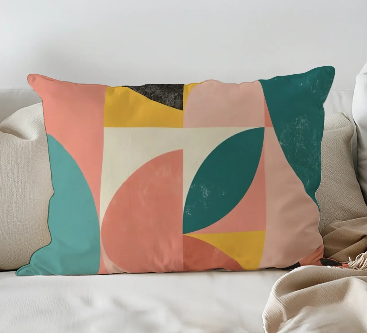 Abstract Geometric Pattern with Circles Squares and Leaf decorative cushion by DesignDoodle