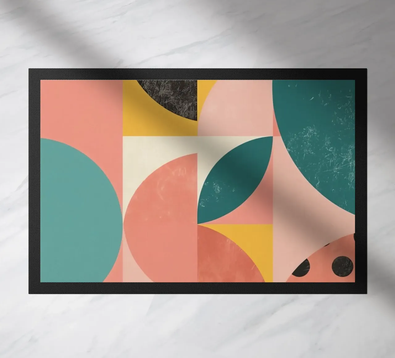 Abstract Geometric Pattern with Circles Squares and Leaf doormat by DesignDoodle