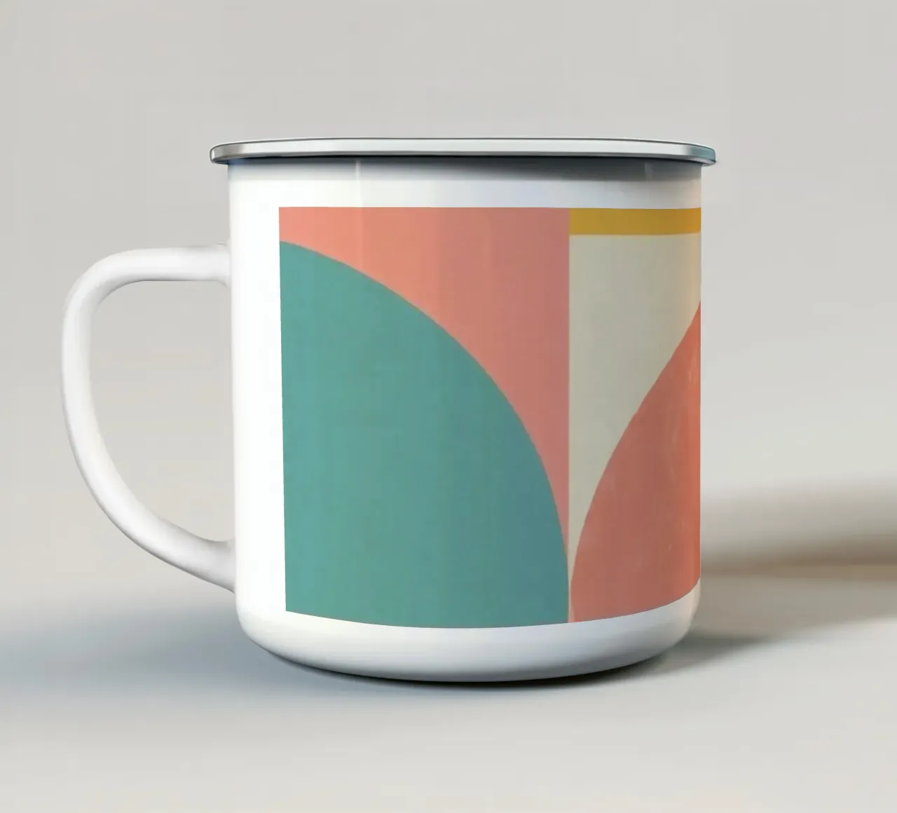Abstract Geometric Pattern with Circles Squares and Leaf enamel mug by DesignDoodle