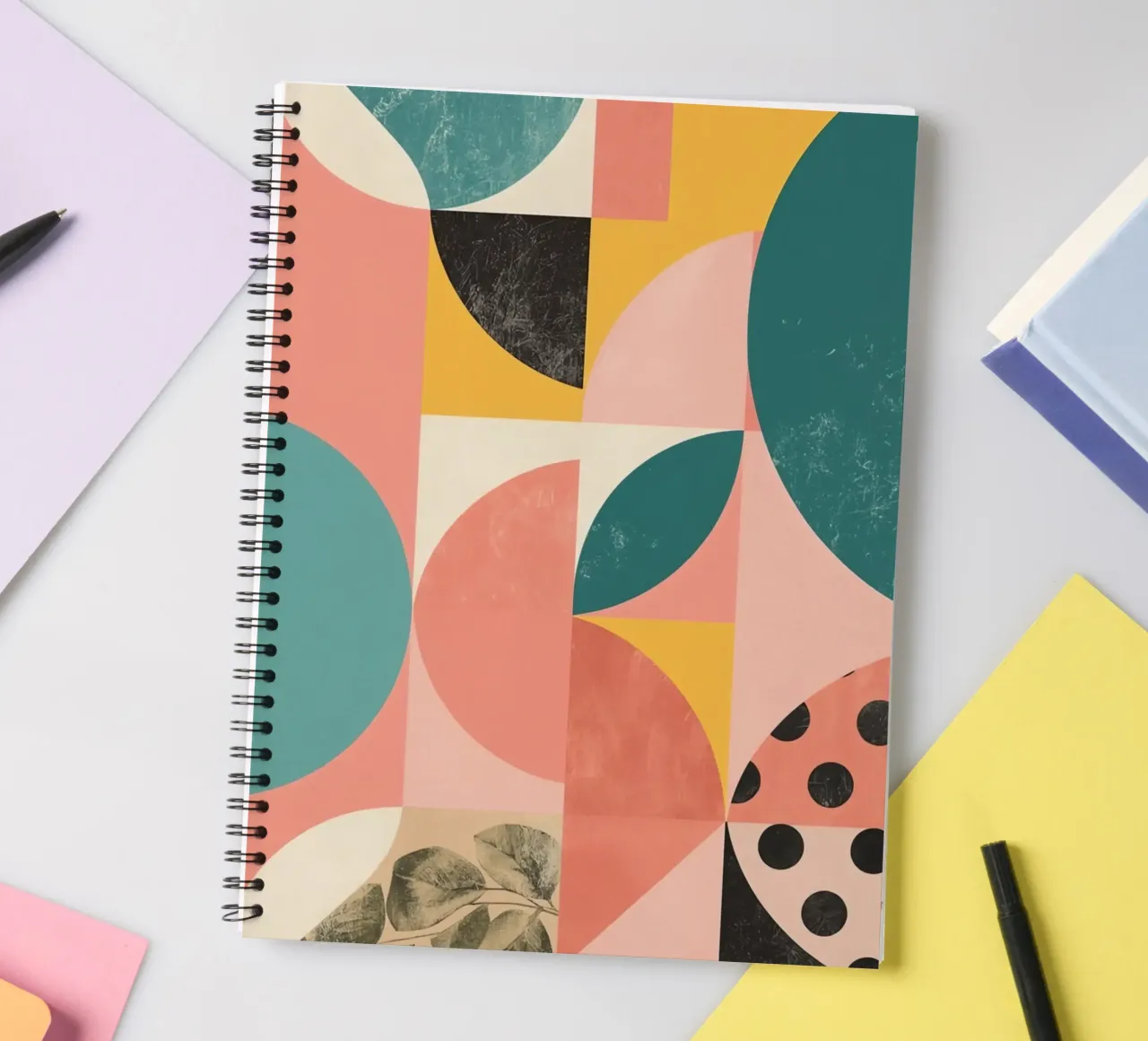 Abstract Geometric Pattern with Circles Squares and Leaf spiral notebook by DesignDoodle
