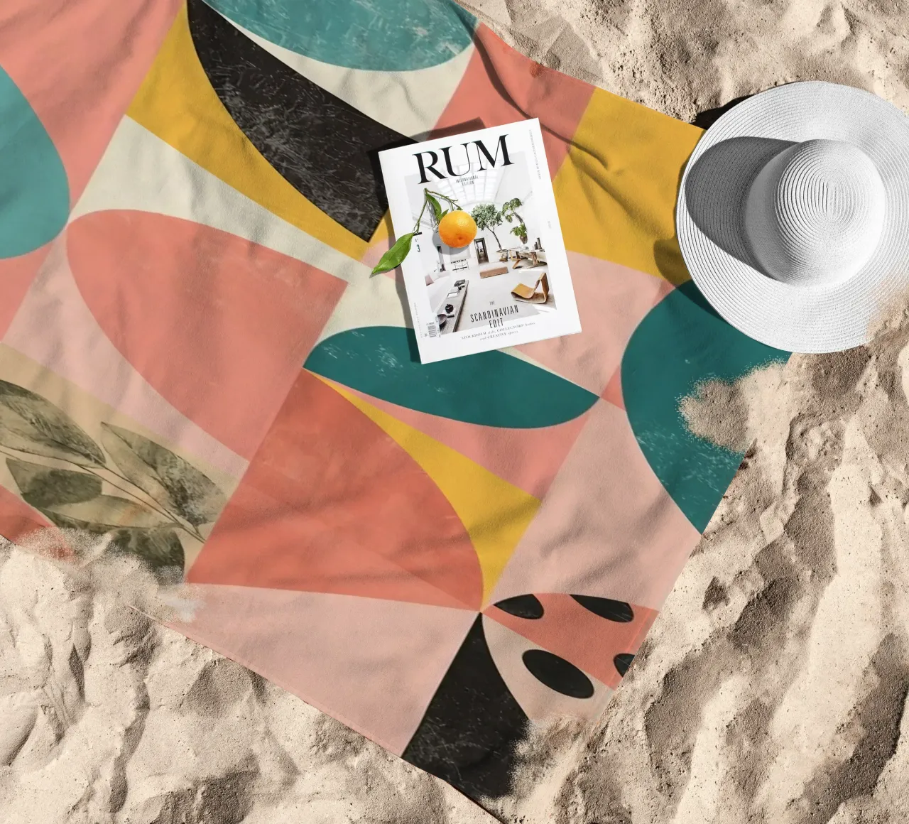 Abstract Geometric Pattern with Circles Squares and Leaf beach towel by DesignDoodle