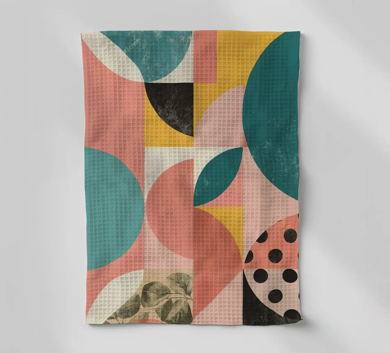 Abstract Geometric Pattern with Circles Squares and Leaf tea towel by DesignDoodle