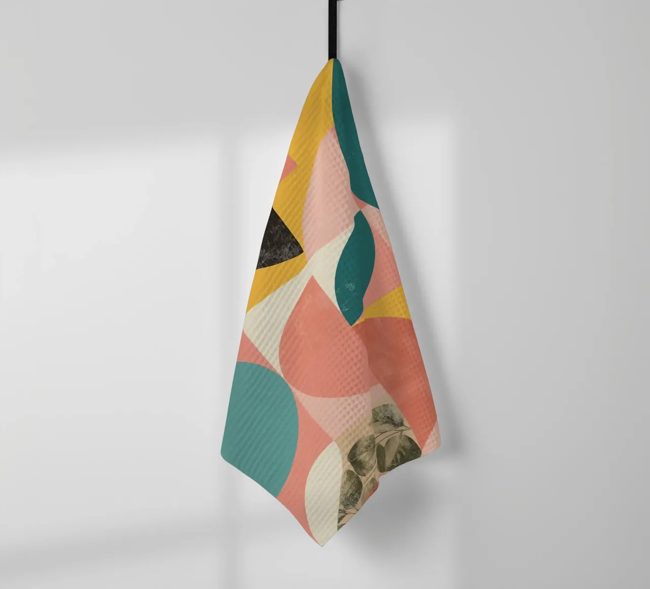 Abstract Geometric Pattern with Circles Squares and Leaf tea towel by DesignDoodle