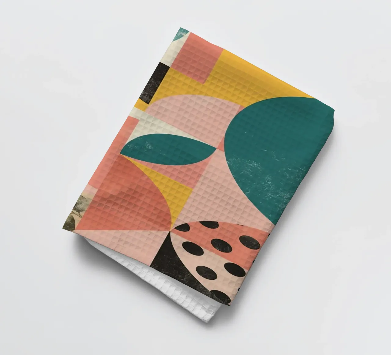Abstract Geometric Pattern with Circles Squares and Leaf tea towel by DesignDoodle