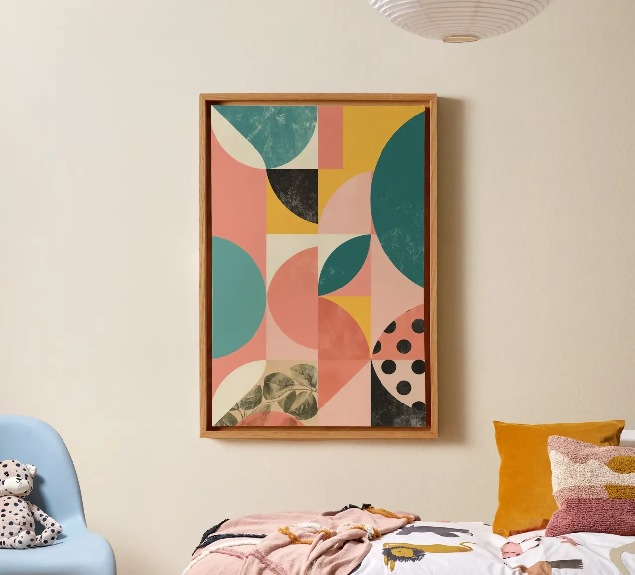 Abstract Geometric Pattern with Circles Squares and Leaf canvas with Floater frame by DesignDoodle
