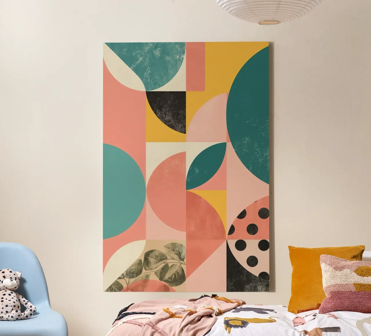 Abstract Geometric Pattern with Circles Squares and Leaf canvas with Floater frame by DesignDoodle