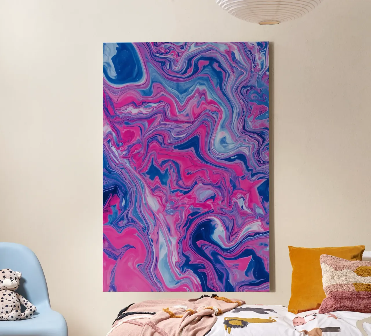 Tourbillons de peinture marbrée abstraite en bleu, rose et blanc toile de DesignDoodle