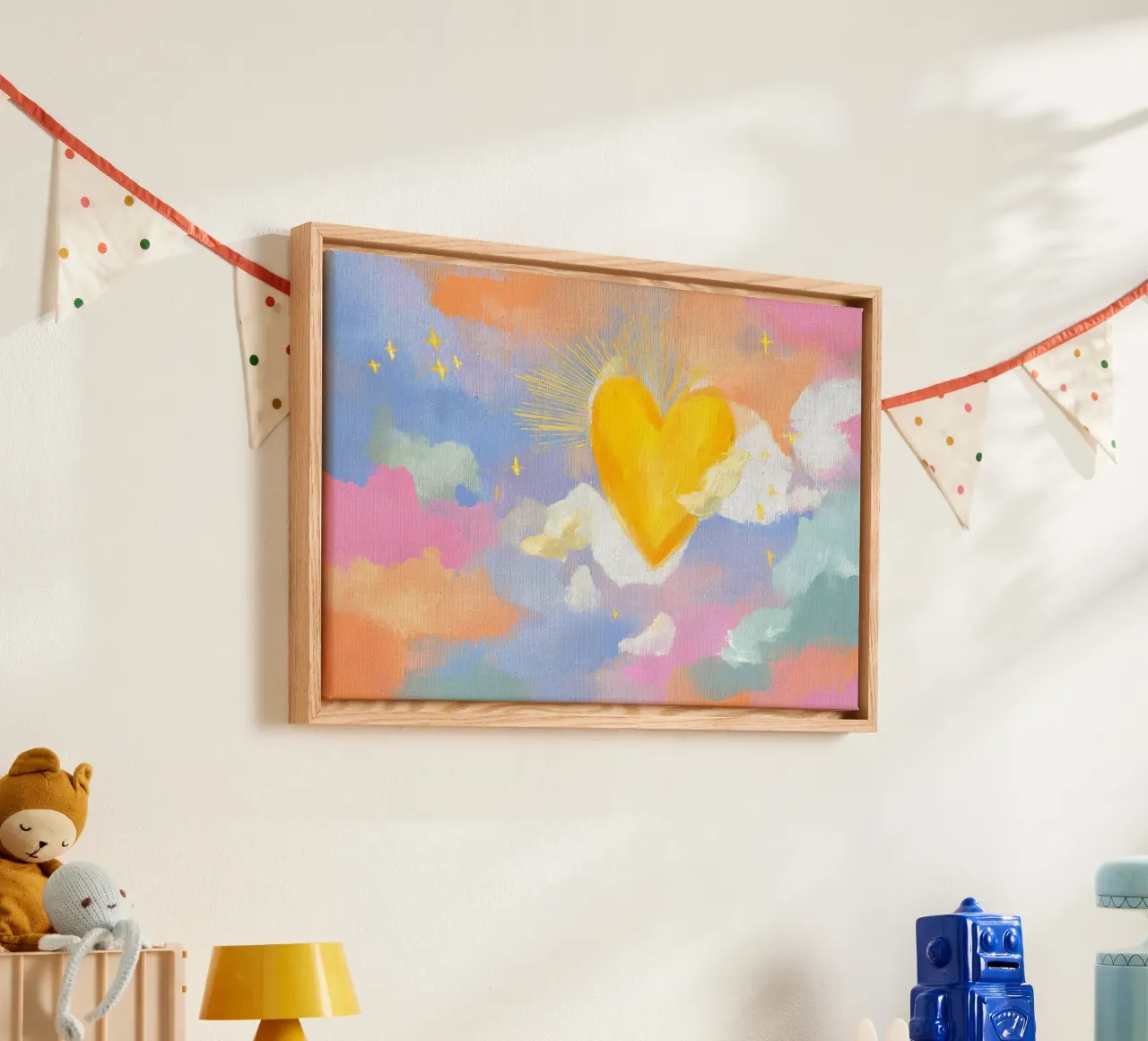 Stralend hart in pastelkleurige wolken Esthetisch schilderij canvas met Baklijst van vintagepod