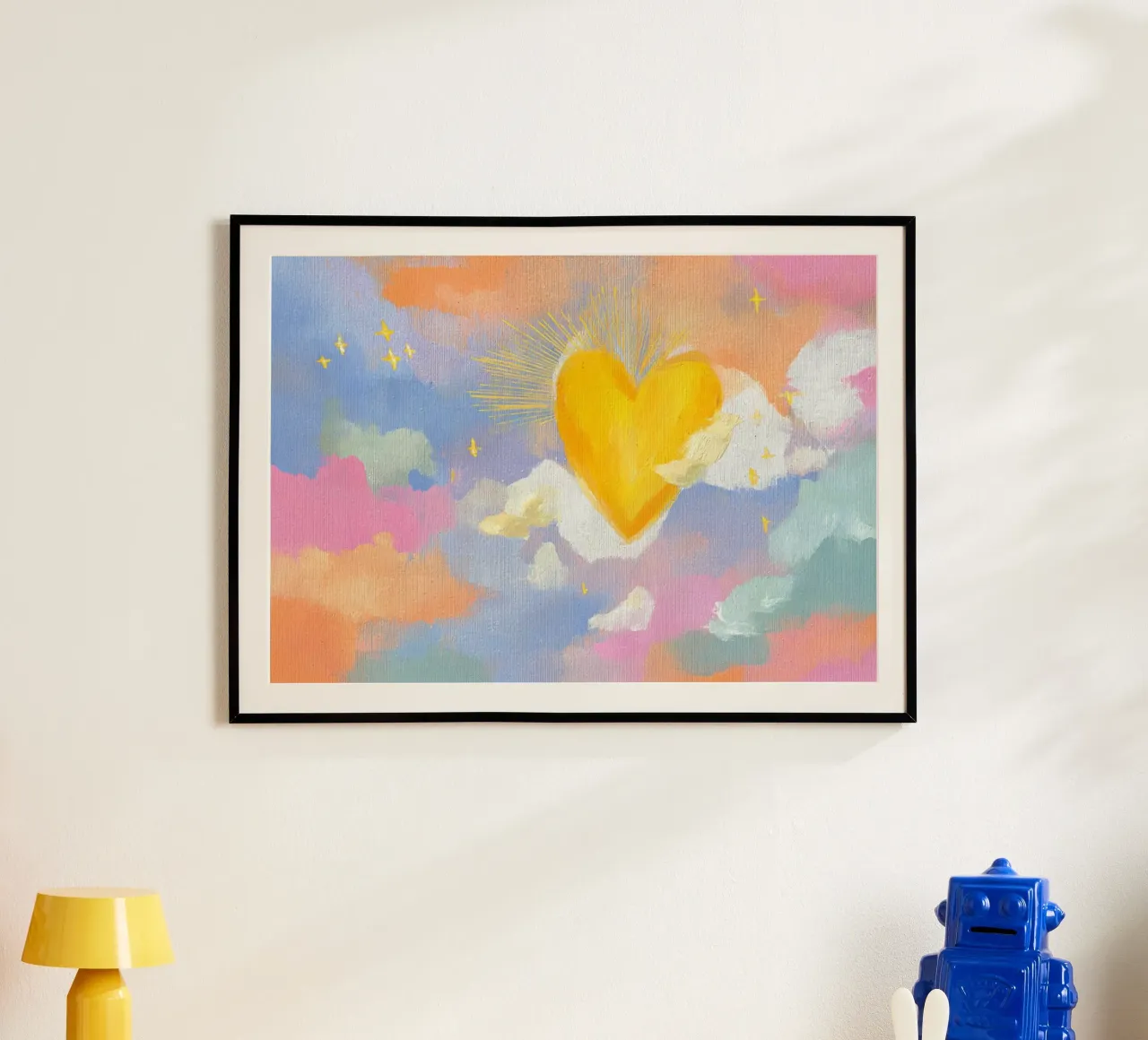 Stralend hart in pastelkleurige wolken Esthetisch schilderij poster van vintagepod