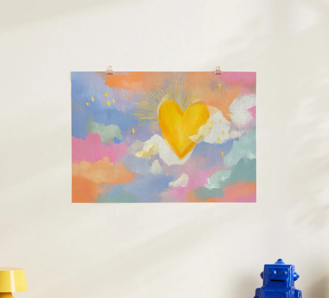 Stralend hart in pastelkleurige wolken Esthetisch schilderij poster van vintagepod