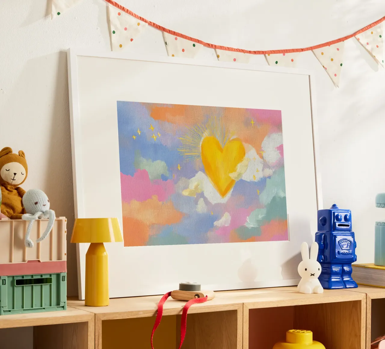 Stralend hart in pastelkleurige wolken Esthetisch schilderij poster van vintagepod