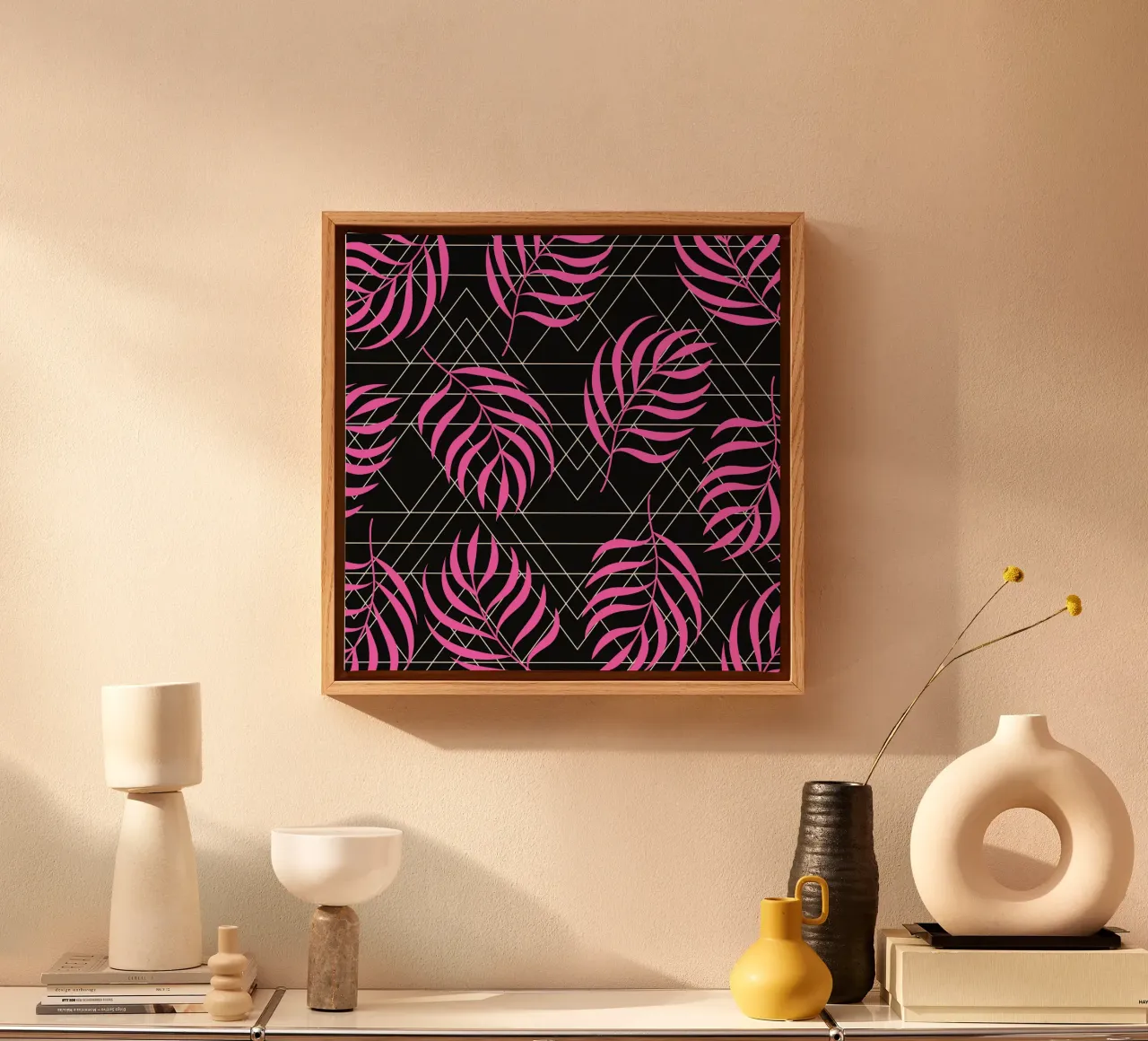 Purple palm surface pattern canvas with Floater frame by Little Dean