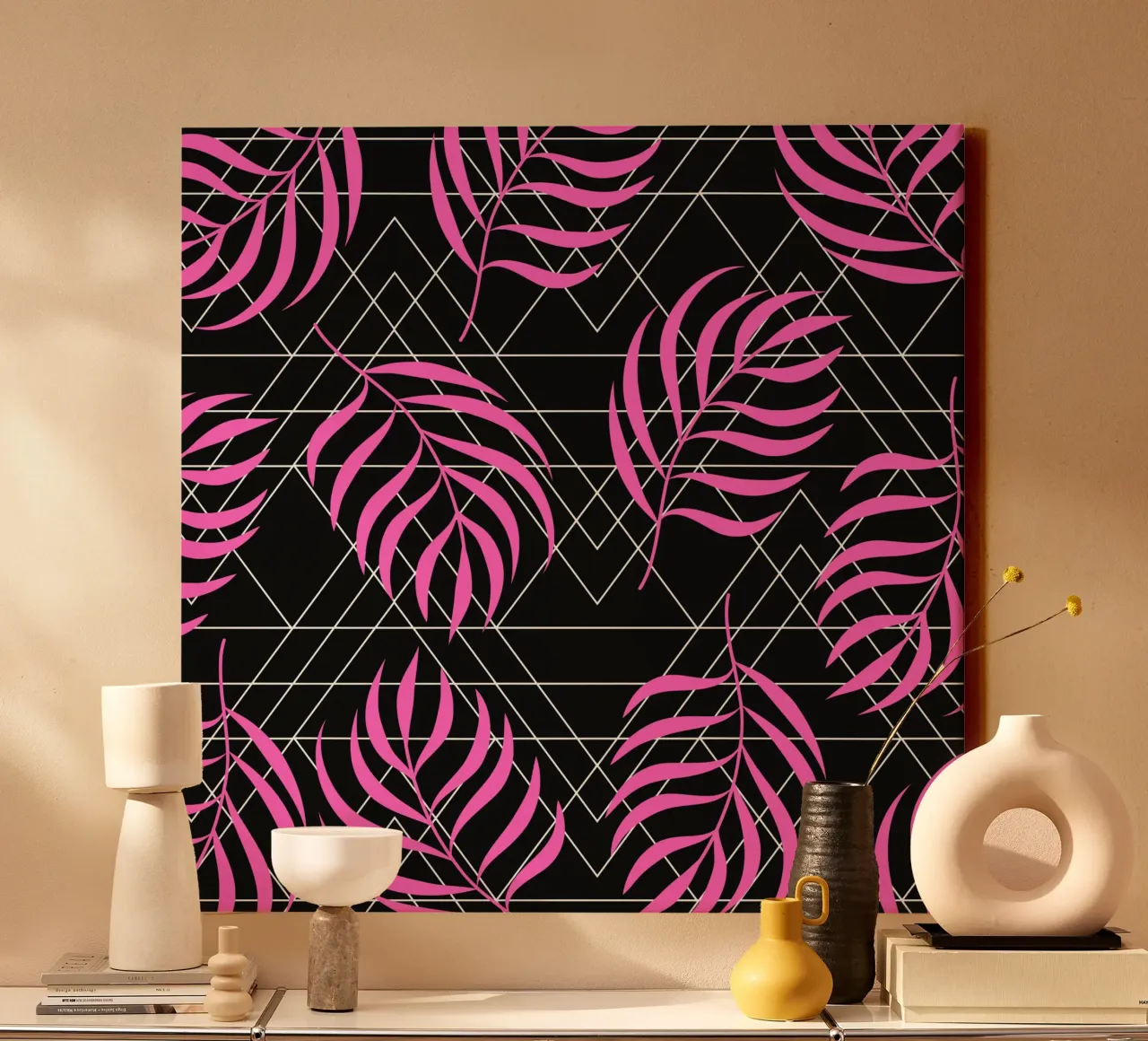 Purple palm surface pattern canvas with Floater frame by Little Dean