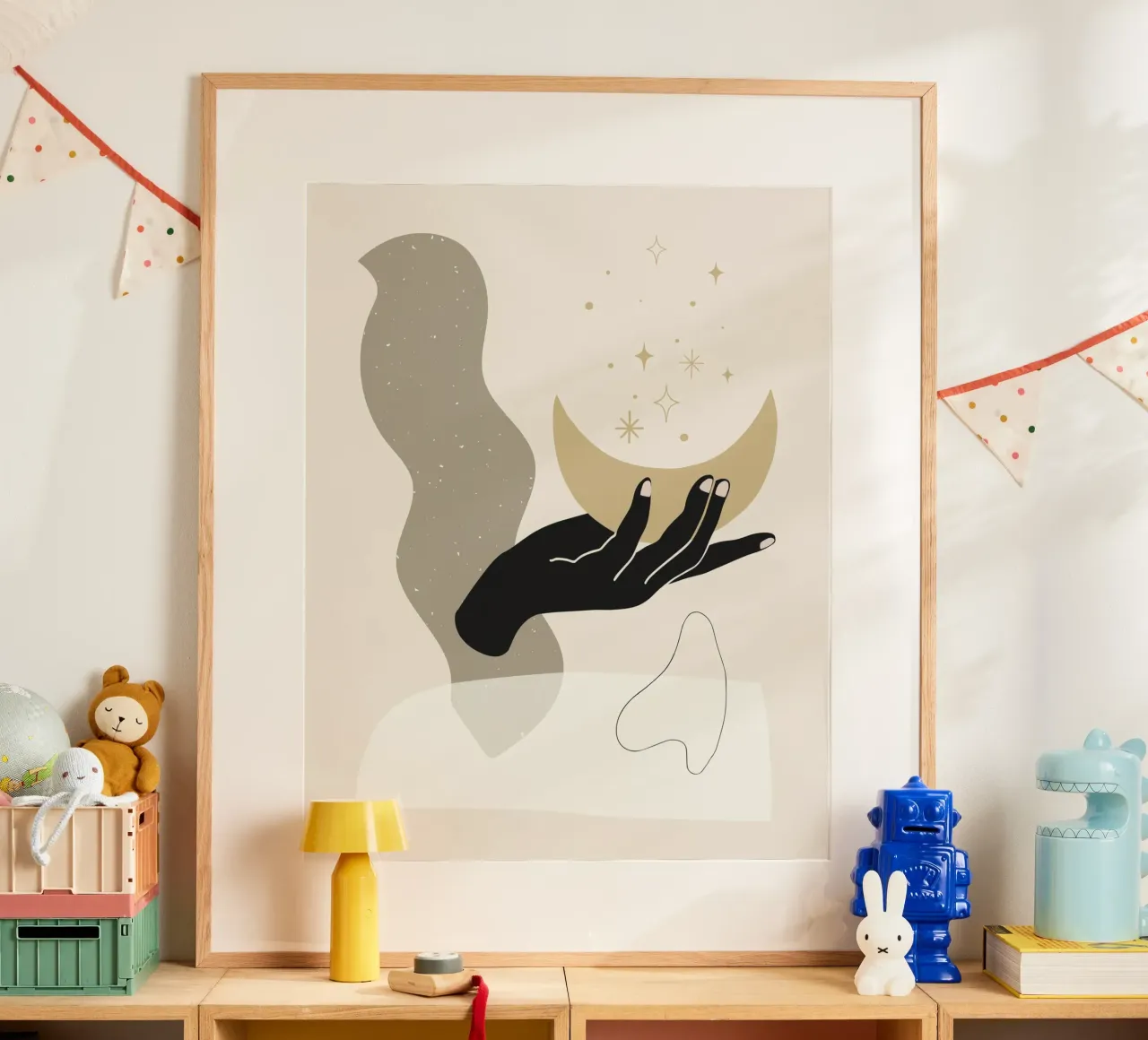 Dea della luna in stile boho poster con telaio in legno da Little Dean