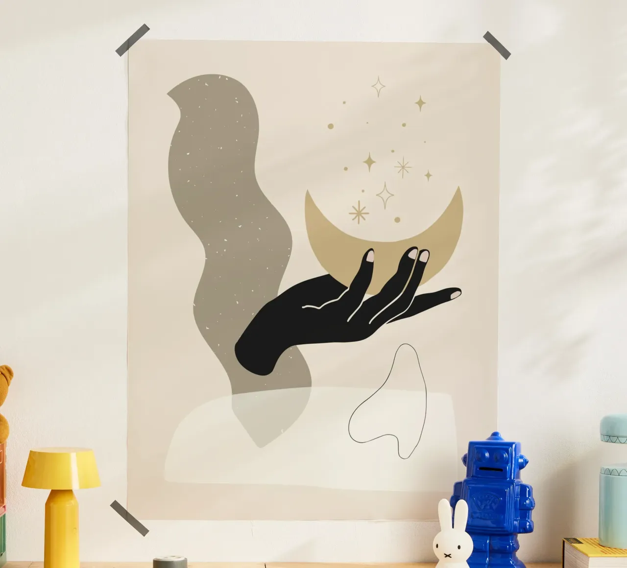 Dea della luna in stile boho poster con telaio in legno da Little Dean