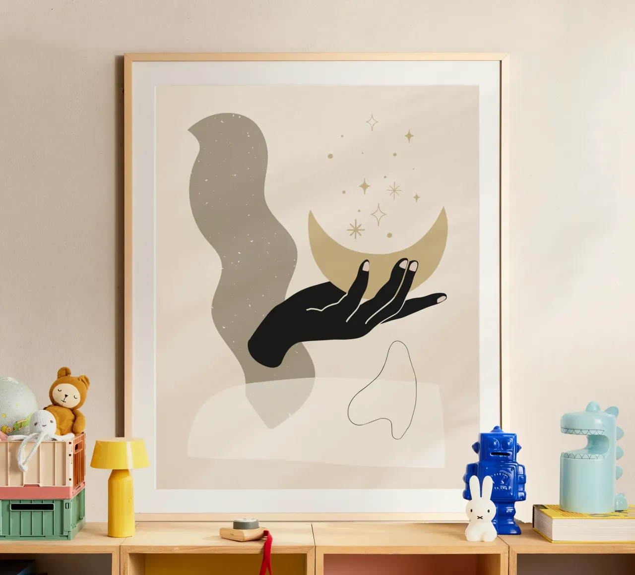 Dea della luna in stile boho poster con telaio in legno da Little Dean