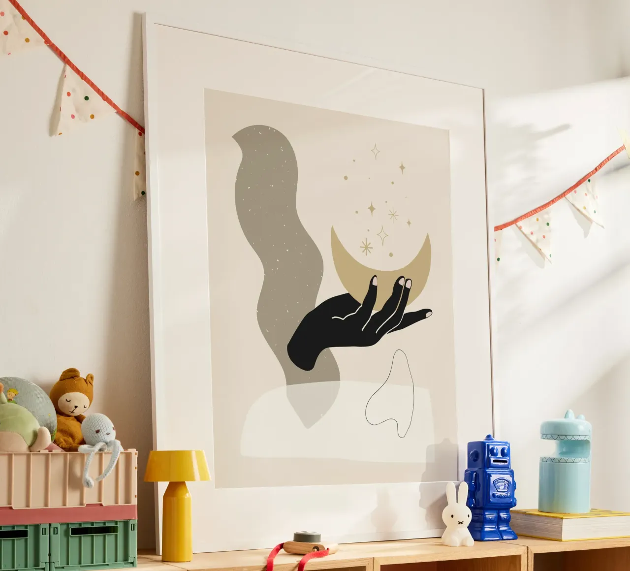 Dea della luna in stile boho poster con telaio in legno da Little Dean