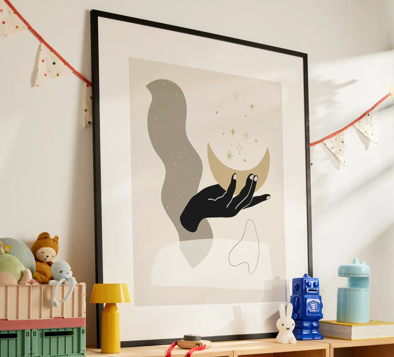 Dea della luna in stile boho poster con telaio in legno da Little Dean