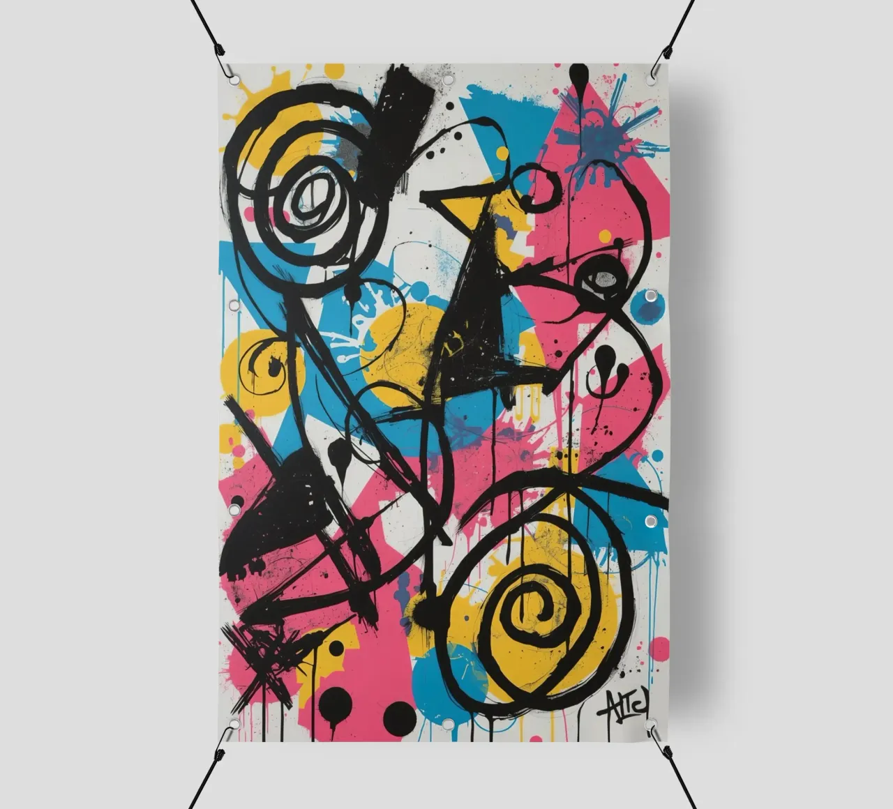 Pittura astratta con forme geometriche e linee nere telo in pvc da DesignDoodle