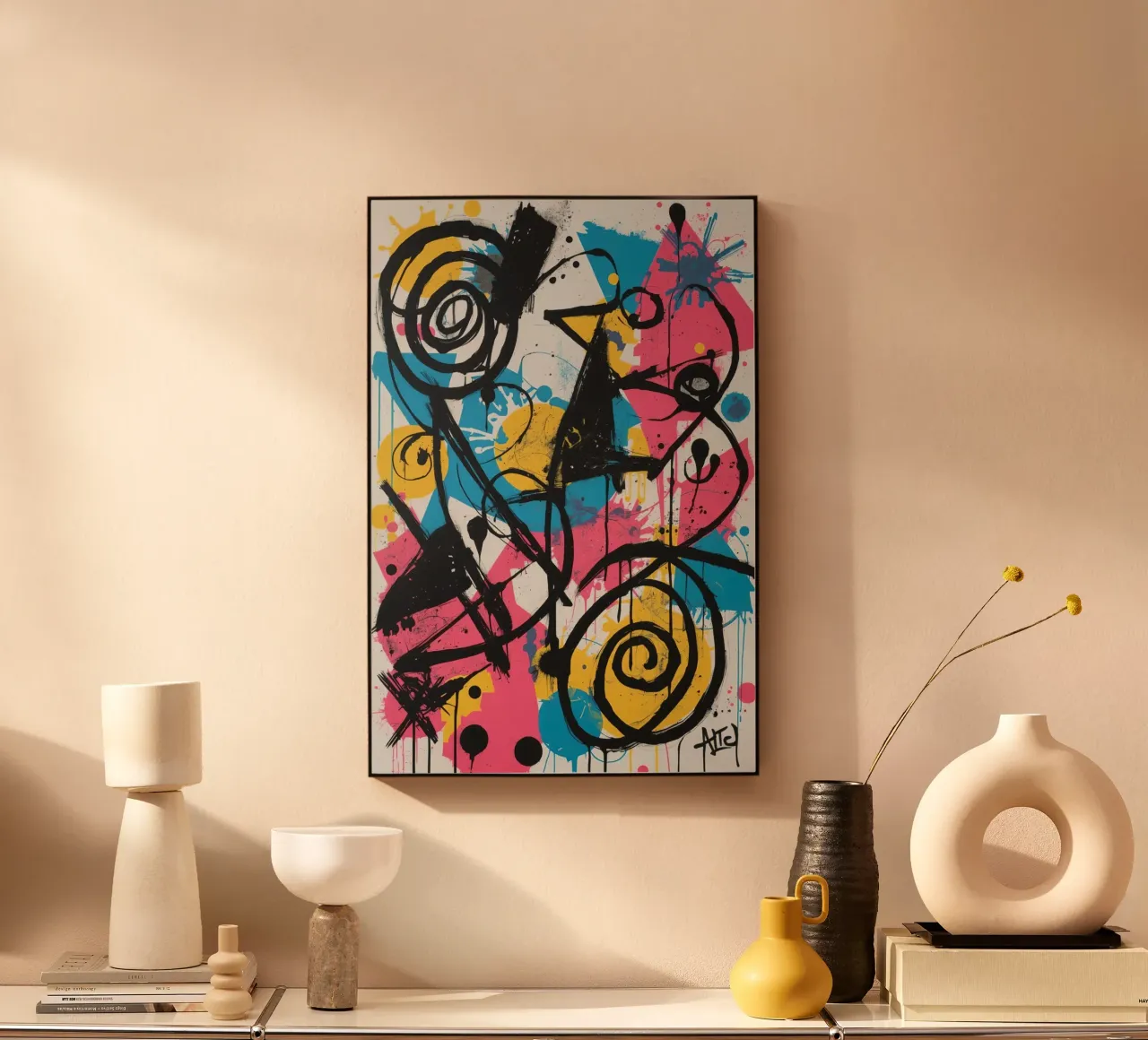 Pittura astratta con forme geometriche e linee nere plexiglass da DesignDoodle