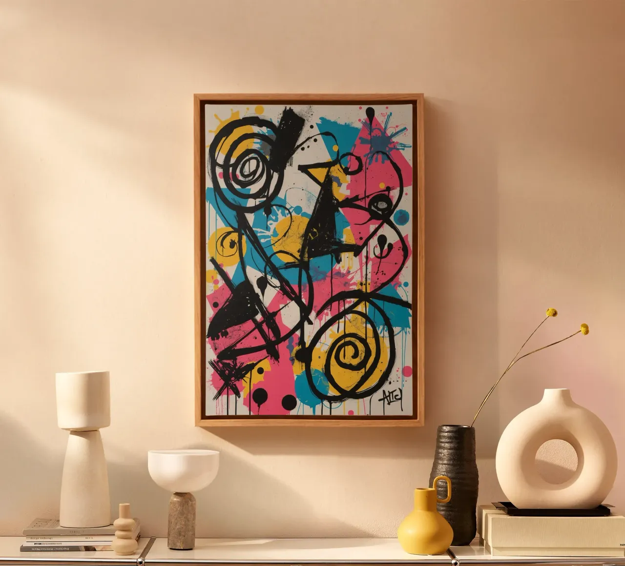 Pintura abstracta con formas geométricas y líneas negras lienzo con Marco flotante de DesignDoodle