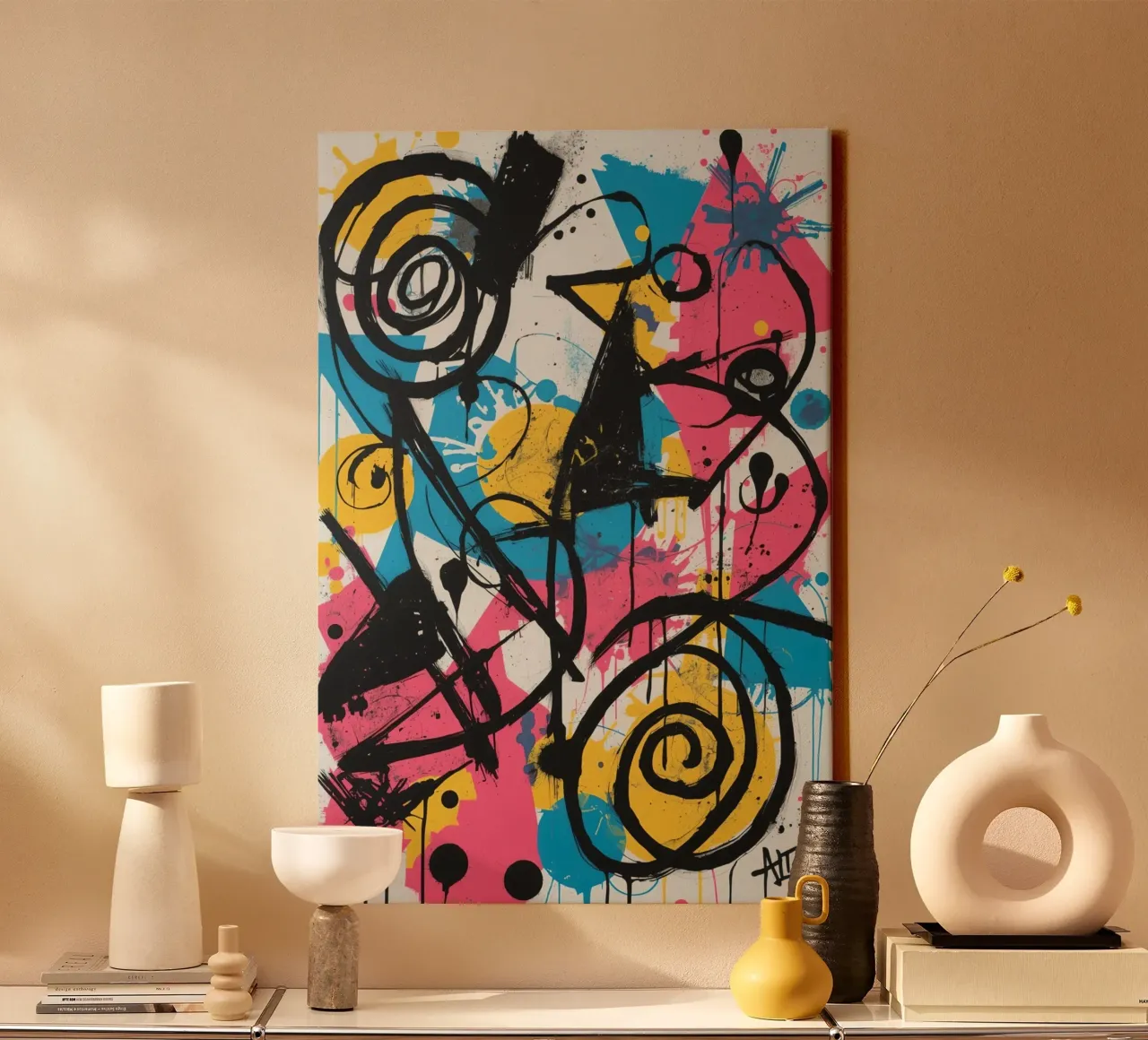 Pintura abstracta con formas geométricas y líneas negras lienzo con Marco flotante de DesignDoodle
