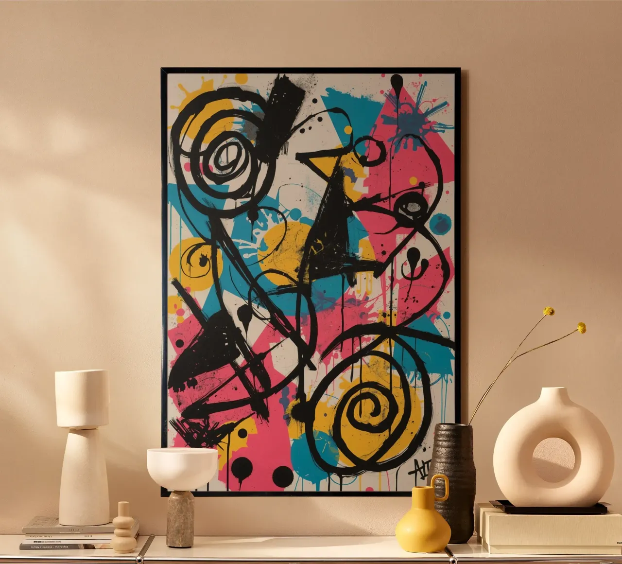 Pittura astratta con forme geometriche e linee nere poster da DesignDoodle