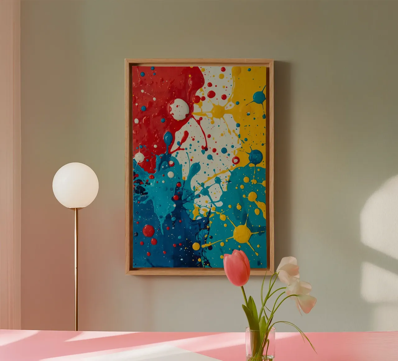 Abstract schilderij met rood geel blauw en witte verfvlek canvas met Baklijst van DesignDoodle