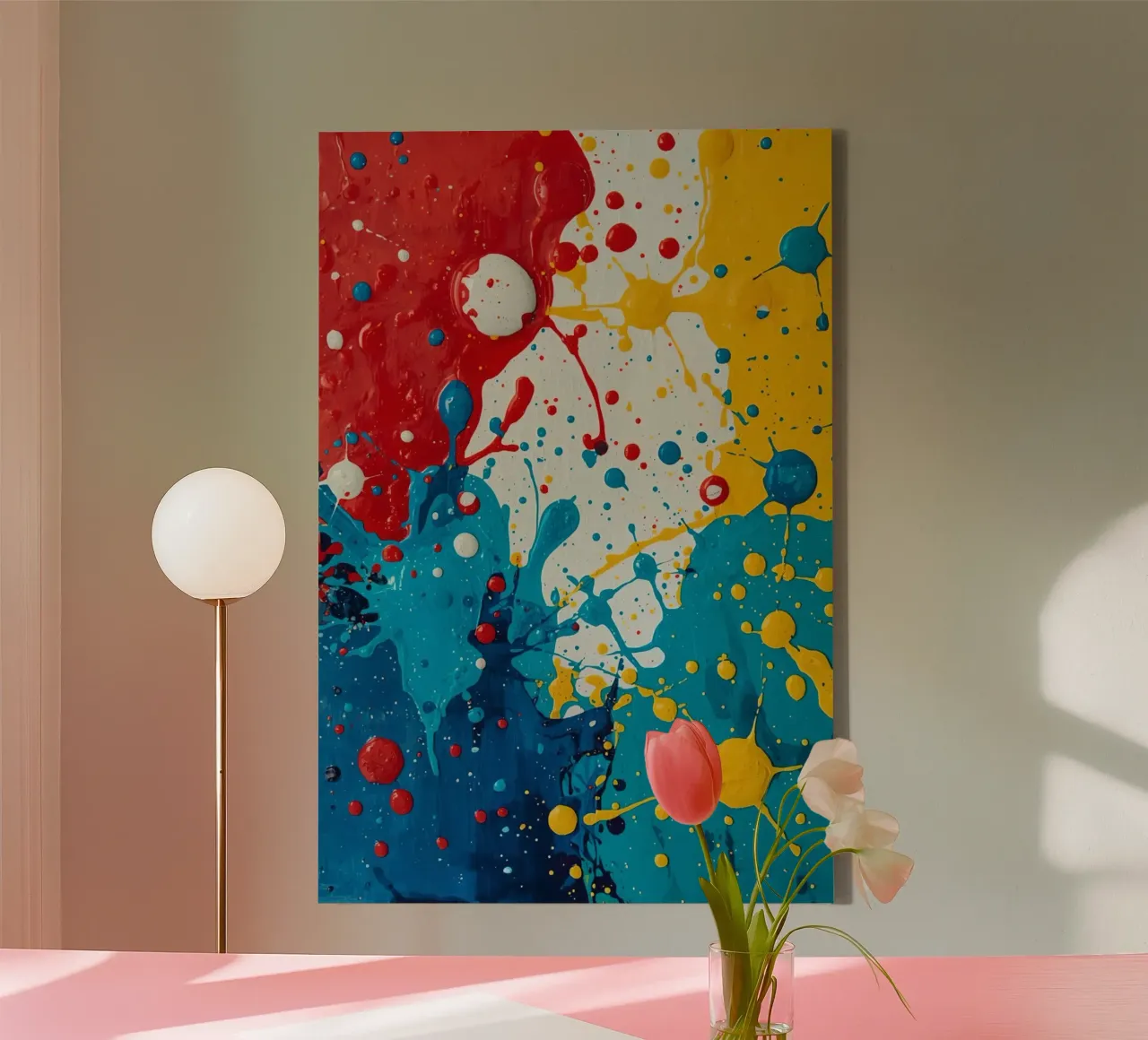 Abstract schilderij met rood geel blauw en witte verfvlek canvas met Baklijst van DesignDoodle